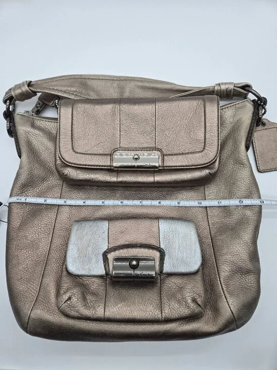 Coach Kristen Metallic Slouch Leather Handbag Hobo Shoulder Bag Front Pocket w/ - Picture 3 of 12